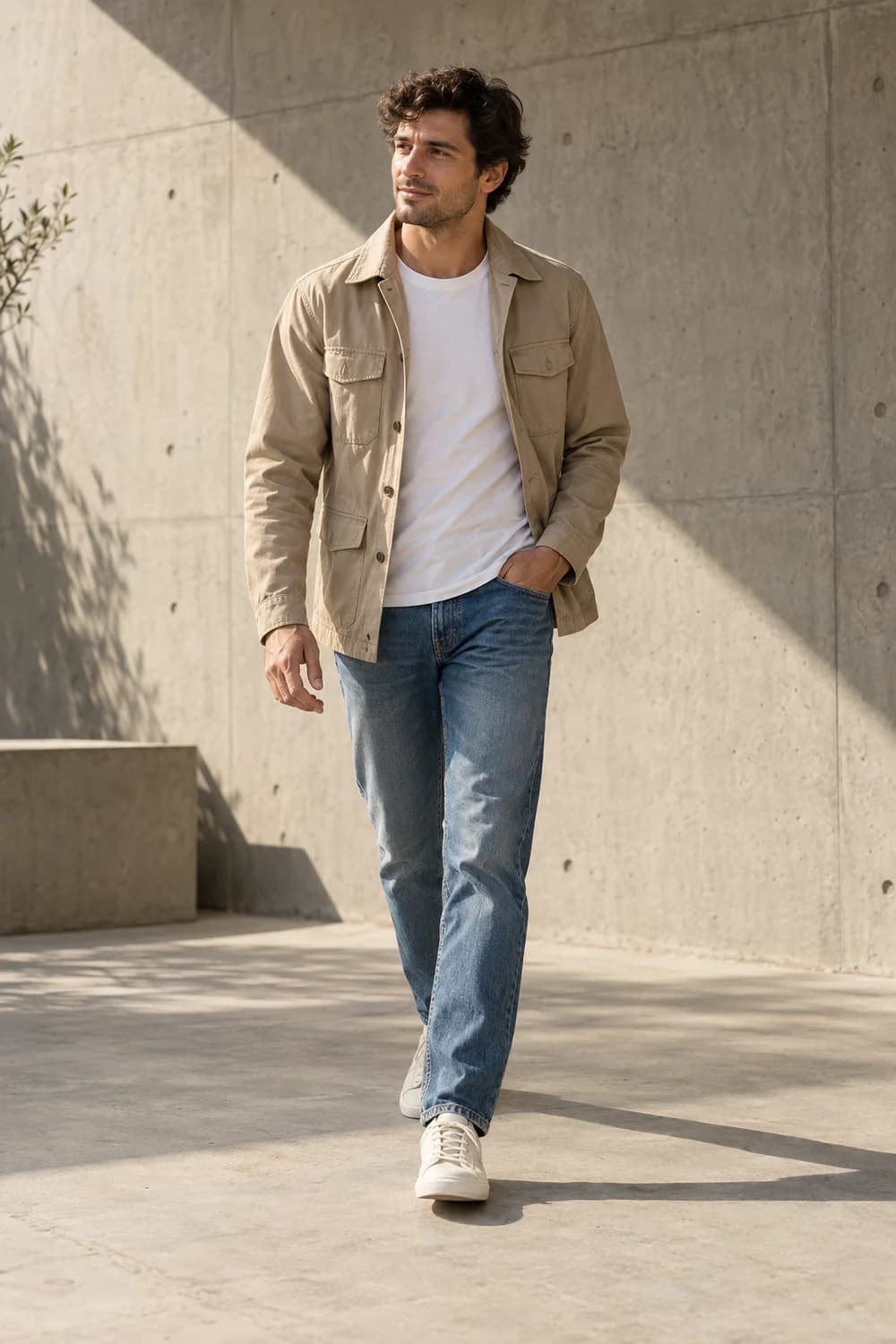 A relaxed look with a sand jacket, white tee and blue jeans
