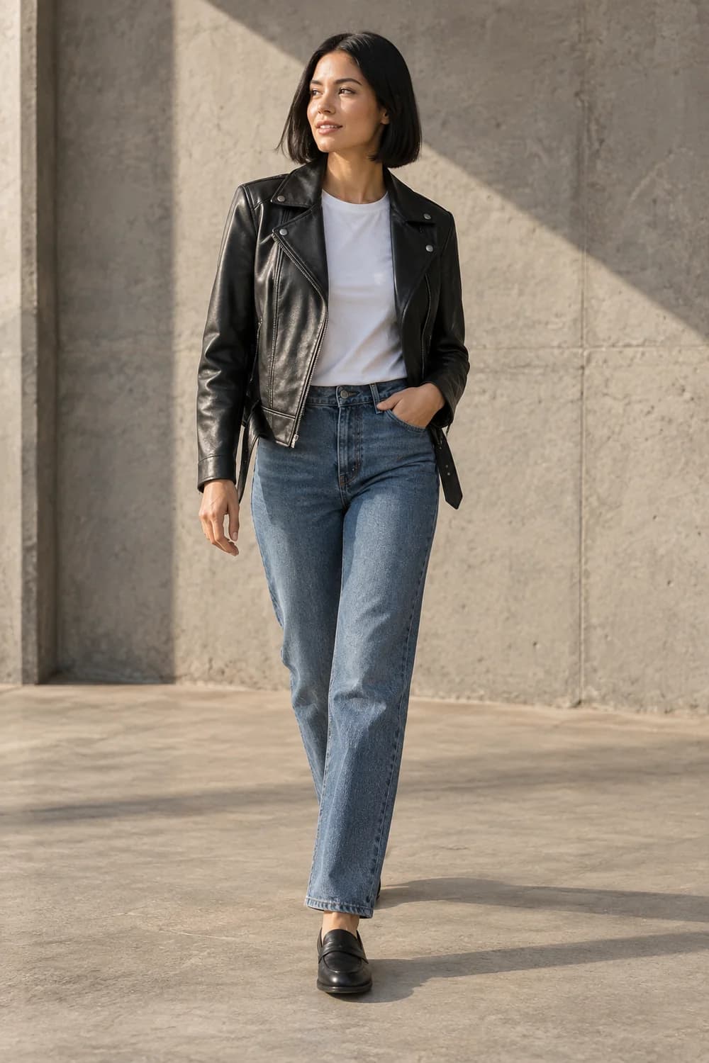 A black leather jacket styled with a white tee and straight blue jeans